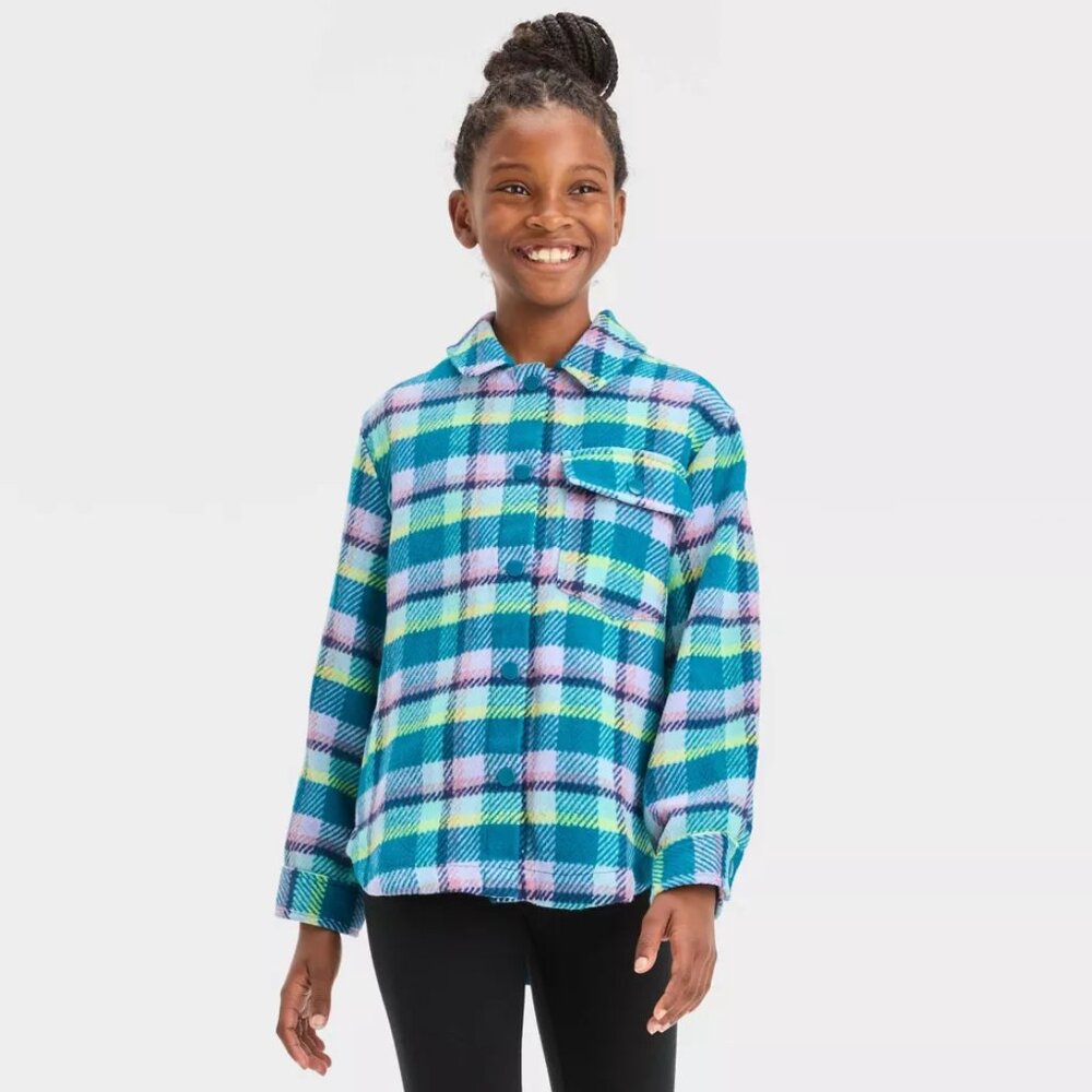 Cat & Jack - Girls' Plaid Button-Front Long Sleeve Shacket - Teal Blue Plaid